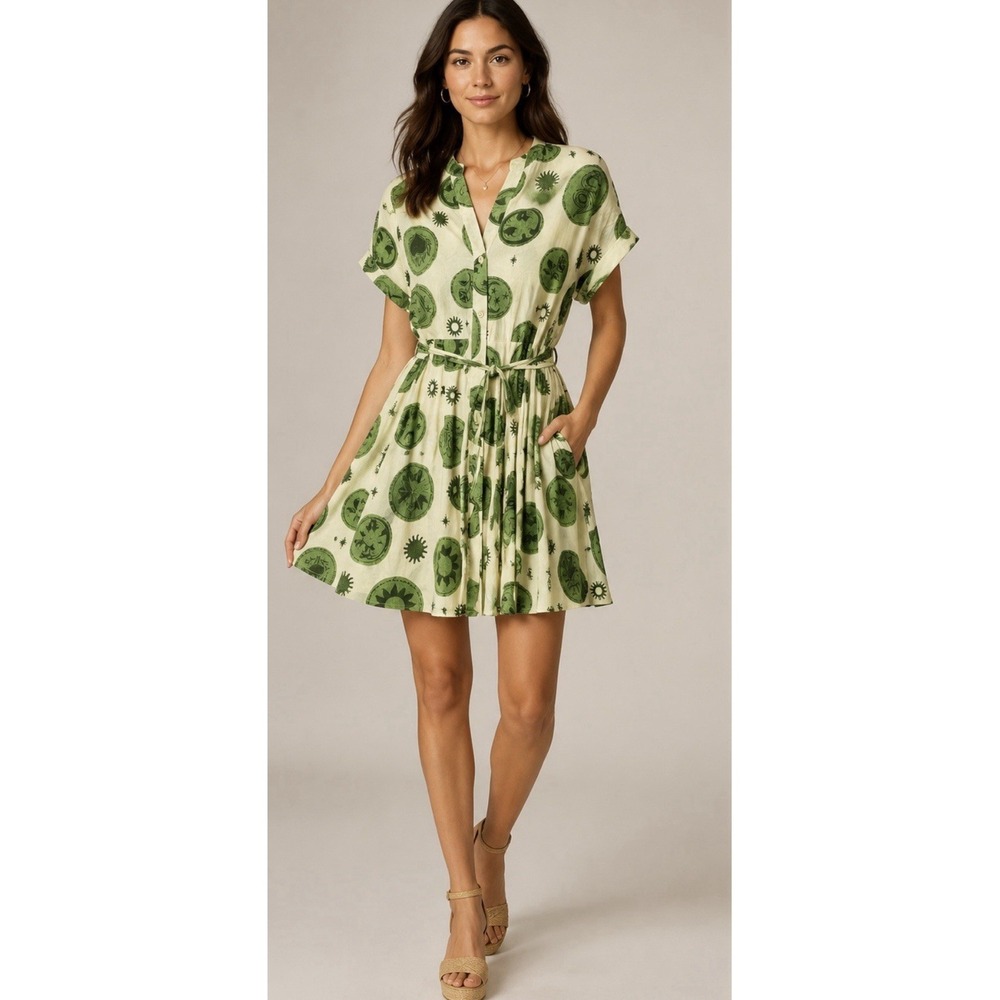 Zara V-Neck Celestial Moon Snake Coin Print Dress In Green Size XS